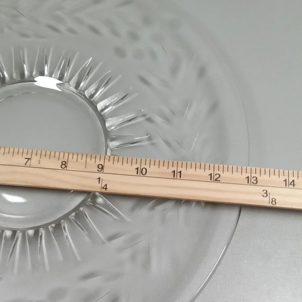 Vintage Etched Floral Glass Platter 13.5 Inch Round‎ Sunburst  Clear Frosted